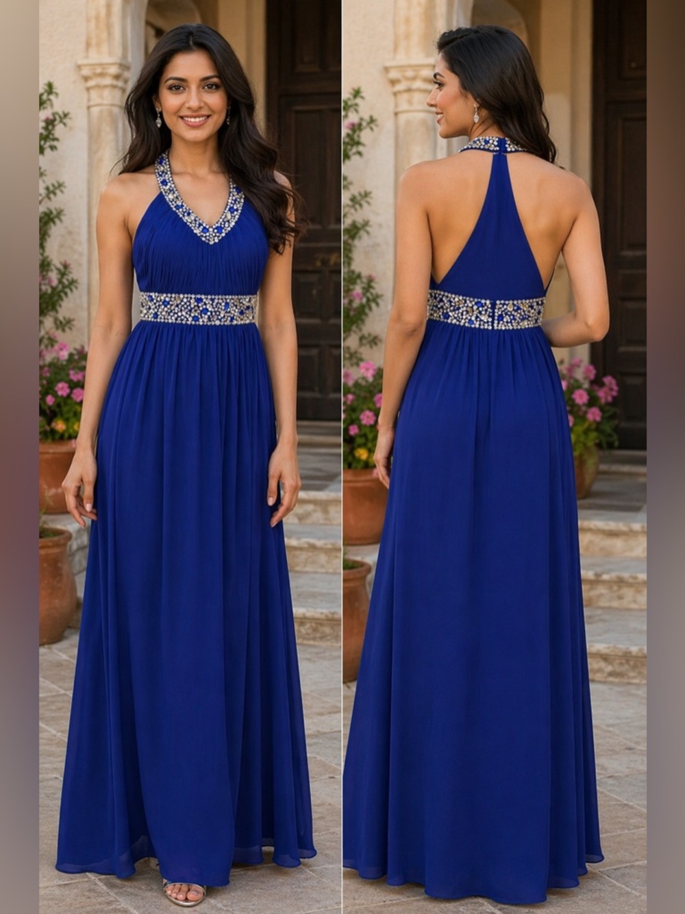 Onyx Nite Royal Blue Embellished Halter Evening Gown Prom Dress